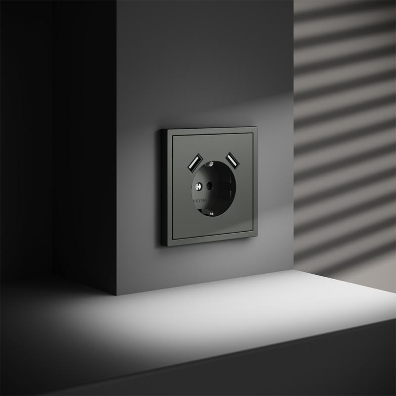 Розетка встраиваемая VOLTUM S70 с заземлением и защитными шторками, 16А, с USB, A+A, (титан)