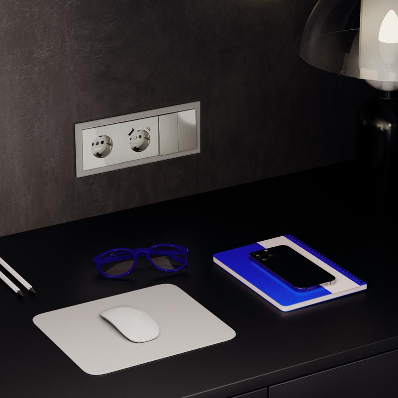 Розетка встраиваемая VOLTUM S70 с заземлением и защитными шторками, 16А, с USB, A+С, (шелк)
